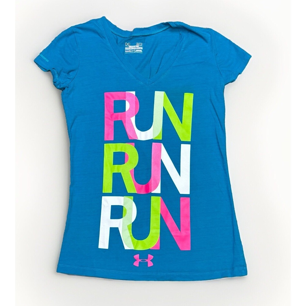 UNDER‎ ARMOUR V NECK SHIRT WOMEN'S SIZE XS BLUE COLORFUL "RUN"